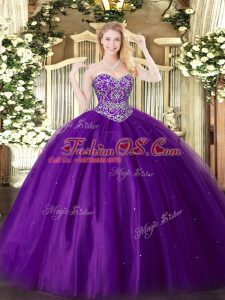 Hot Selling Purple Lace Up Quinceanera Gowns Beading Sleeveless Floor Length