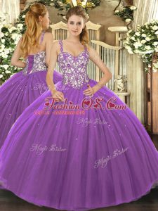 Enchanting Straps Sleeveless Tulle Quinceanera Dress Beading and Appliques Lace Up