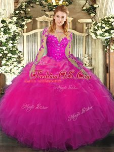 Fuchsia Long Sleeves Organza Lace Up Sweet 16 Quinceanera Dress for Military Ball and Sweet 16 and Quinceanera