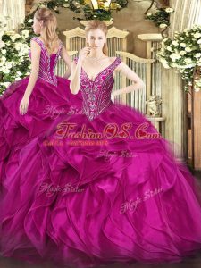 Flirting Fuchsia Organza Lace Up 15th Birthday Dress Sleeveless Floor Length Beading and Ruffles
