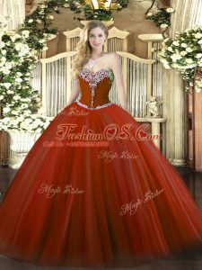 Exceptional Sweetheart Sleeveless Quince Ball Gowns Floor Length Beading Rust Red Tulle