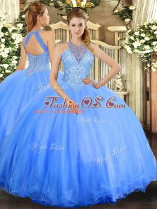 Floor Length Lace Up Vestidos de Quinceanera Blue for Military Ball and Sweet 16 and Quinceanera with Beading