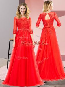 Inexpensive Floor Length Red Party Dress Wholesale Square 3 4 Length Sleeve Lace Up