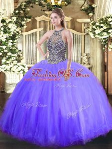 Dazzling Lavender Ball Gowns Beading Vestidos de Quinceanera Lace Up Tulle Sleeveless Floor Length