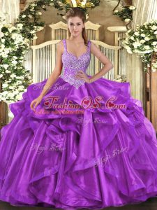 Fancy Floor Length Eggplant Purple Sweet 16 Dress Organza Sleeveless Beading and Ruffles