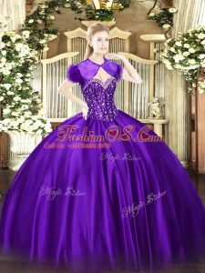 Best Sleeveless Floor Length Beading Lace Up Quince Ball Gowns with Purple