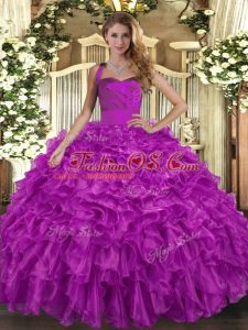 Fuchsia Halter Top Lace Up Ruffles Quinceanera Gown Sleeveless