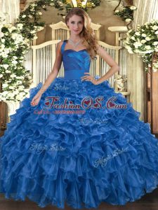 Blue Sleeveless Floor Length Ruffles Lace Up Quinceanera Gowns