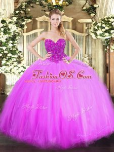 Lilac Ball Gowns Beading Quinceanera Dresses Lace Up Tulle Sleeveless Floor Length