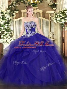 On Sale Blue Ball Gowns Beading and Ruffles Ball Gown Prom Dress Lace Up Tulle Sleeveless Floor Length