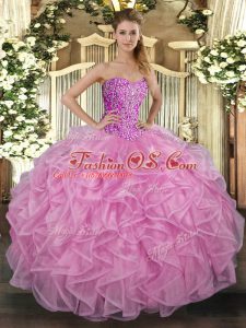Fabulous Rose Pink Sweetheart Lace Up Beading and Ruffles Quinceanera Gowns Sleeveless