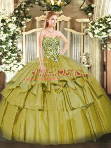 Organza and Taffeta Sweetheart Sleeveless Lace Up Beading and Ruffled Layers Sweet 16 Quinceanera Dress in Olive Green