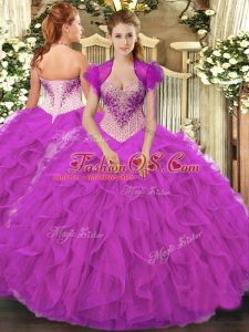 Spectacular Fuchsia Organza Lace Up Sweetheart Sleeveless Floor Length Sweet 16 Dresses Beading and Ruffles