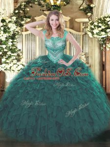 Floor Length Lace Up Sweet 16 Dresses Teal for Sweet 16 and Quinceanera with Beading and Ruffles
