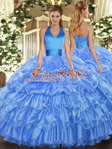 Baby Blue Halter Top Lace Up Ruffled Layers and Pick Ups Quinceanera Dress Sleeveless