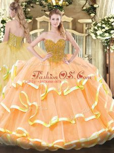 Beading and Ruffled Layers Sweet 16 Dress Peach Lace Up Sleeveless Floor Length