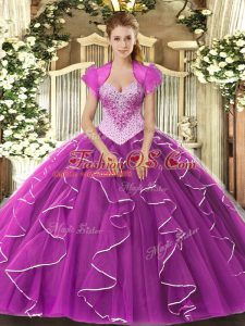 Inexpensive Tulle Sweetheart Sleeveless Lace Up Beading 15th Birthday Dress in Fuchsia
