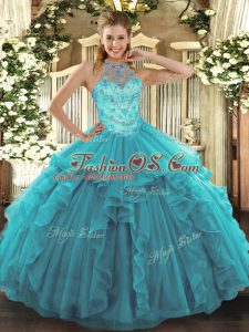 Shining Teal Organza Lace Up Halter Top Sleeveless Floor Length Sweet 16 Dress Beading and Embroidery and Ruffles
