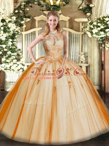 Lace and Appliques Quinceanera Dresses Orange Red Lace Up Sleeveless Floor Length