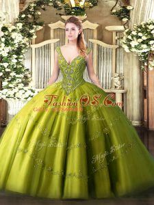 Latest Ball Gowns Quinceanera Gowns Olive Green V-neck Tulle Sleeveless Floor Length Lace Up
