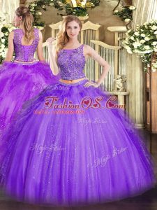 High End Sleeveless Tulle Floor Length Lace Up Quinceanera Gown in Lavender with Beading and Ruffles