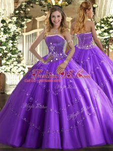 Glittering Ball Gowns Quinceanera Gowns Lavender Strapless Tulle Sleeveless Floor Length Lace Up