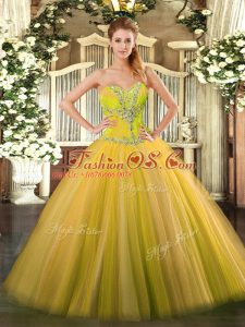 Cute Sweetheart Sleeveless Lace Up 15th Birthday Dress Gold Tulle