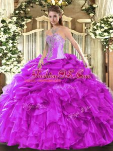 Organza Sweetheart Sleeveless Lace Up Beading and Ruffles and Pick Ups Vestidos de Quinceanera in Fuchsia