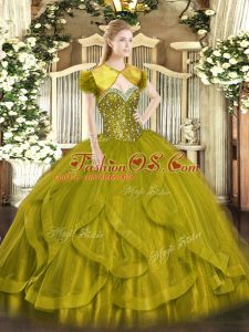 Custom Fit Olive Green Ball Gowns Sweetheart Sleeveless Tulle Floor Length Lace Up Beading and Ruffles Ball Gown Prom Dress