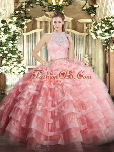 Beauteous Watermelon Red Scoop Zipper Lace and Ruffled Layers 15th Birthday Dress Sleeveless