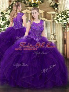 Colorful Purple Ball Gowns Beading and Ruffles 15 Quinceanera Dress Zipper Organza Sleeveless Floor Length