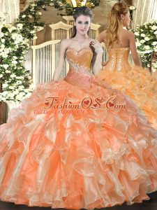 Fashion Floor Length Lace Up Quinceanera Gowns Orange Red for Military Ball and Sweet 16 and Quinceanera with Beading and Ruffles