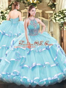 Elegant Sleeveless Floor Length Beading and Ruffled Layers Lace Up Quinceanera Dress with Aqua Blue