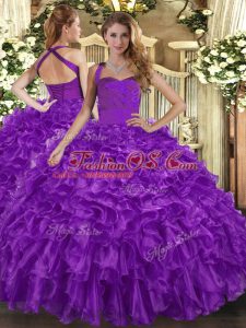 Dramatic Purple Halter Top Neckline Ruffles Sweet 16 Dresses Sleeveless Lace Up