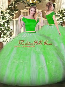 Inexpensive Tulle Short Sleeves Floor Length Sweet 16 Quinceanera Dress and Appliques and Ruffles