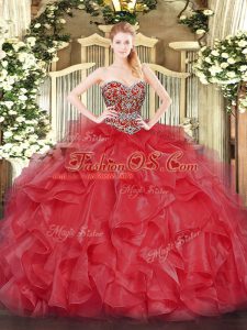 Coral Red Ball Gowns Beading Sweet 16 Dresses Lace Up Organza Sleeveless Floor Length