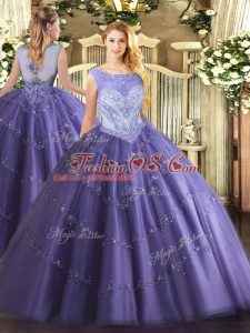 High Class Lavender Ball Gowns Tulle Scoop Sleeveless Beading Floor Length Lace Up Sweet 16 Quinceanera Dress
