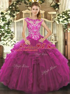 Unique Fuchsia Ball Gowns Beading and Ruffles Quinceanera Gown Lace Up Organza Sleeveless Floor Length