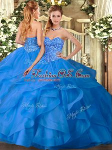 Cute Ball Gowns Sweet 16 Dresses Blue Sweetheart Tulle Sleeveless Floor Length Lace Up
