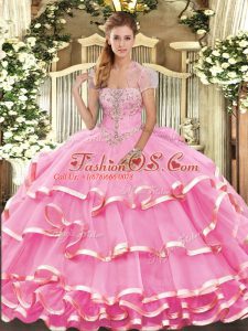 Floor Length Rose Pink 15th Birthday Dress Strapless Sleeveless Lace Up