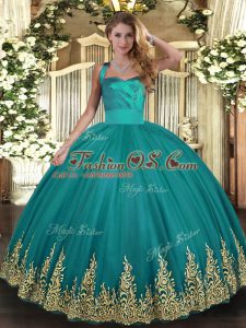 Trendy Turquoise Sleeveless Appliques Floor Length Ball Gown Prom Dress
