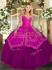 High Quality Floor Length Fuchsia Sweet 16 Quinceanera Dress Organza and Taffeta Long Sleeves Lace and Embroidery