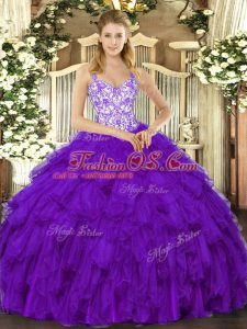 Straps Sleeveless 15th Birthday Dress Floor Length Beading and Ruffles Purple Organza