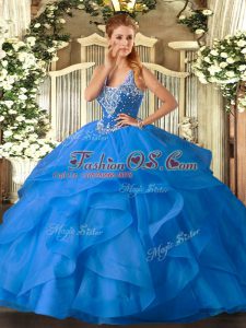 Baby Blue Tulle Lace Up Sweet 16 Dress Sleeveless Floor Length Beading and Ruffles