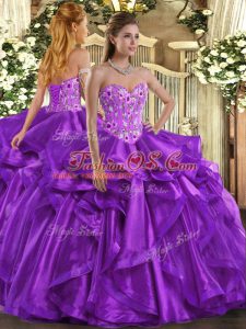Spectacular Floor Length Lace Up Quinceanera Dress Eggplant Purple for Sweet 16 and Quinceanera with Embroidery and Ruffles