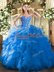 Vintage Embroidery and Ruffles 15th Birthday Dress Blue Lace Up Sleeveless Floor Length