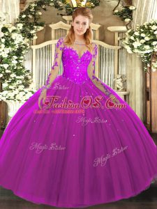 Great Fuchsia Tulle Lace Up Scoop Long Sleeves Floor Length 15 Quinceanera Dress Lace