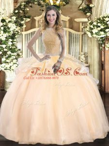 Smart Peach Sleeveless Floor Length Beading Lace Up Quince Ball Gowns