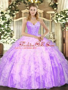 Lilac Ball Gowns Beading and Ruffles Quinceanera Gowns Lace Up Tulle Sleeveless Floor Length