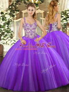 Lavender Ball Gowns Straps Sleeveless Tulle Floor Length Lace Up Beading and Appliques 15th Birthday Dress